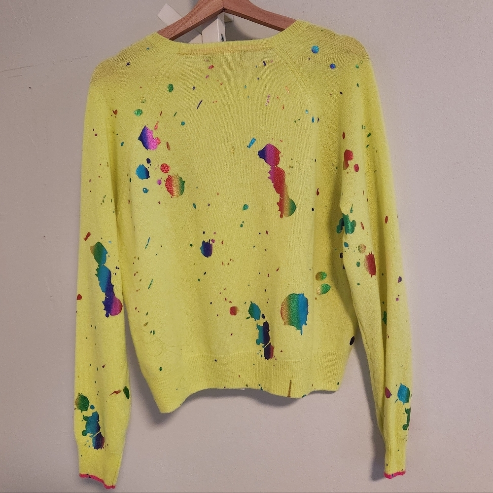 Brodie Fine Cashmere Neon Yellow Rainbow Foil Paint Splatter Sweater Med Luxury - Picture 3 of 11